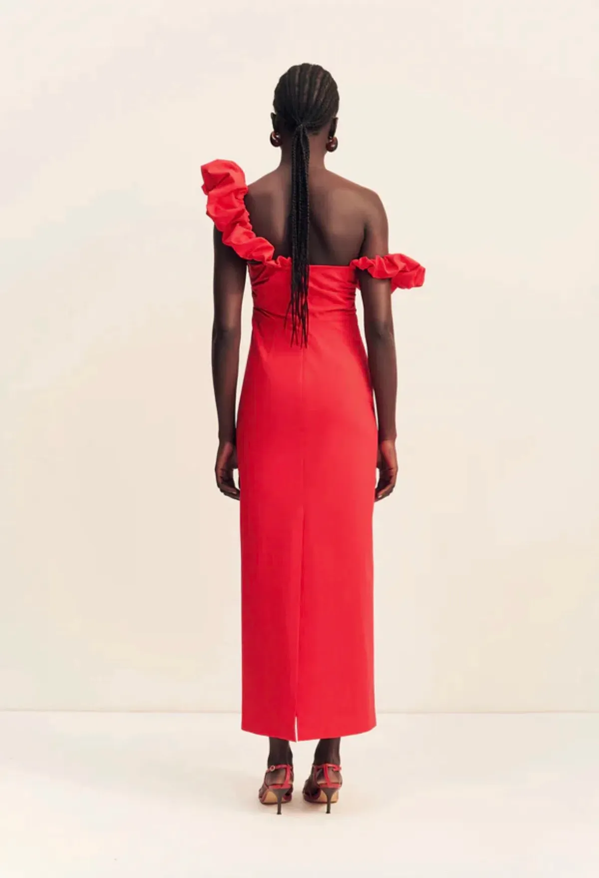 Shona Joy Campbell Ruffle Draped Maxi Dress Goji Red size 14 - Image 3