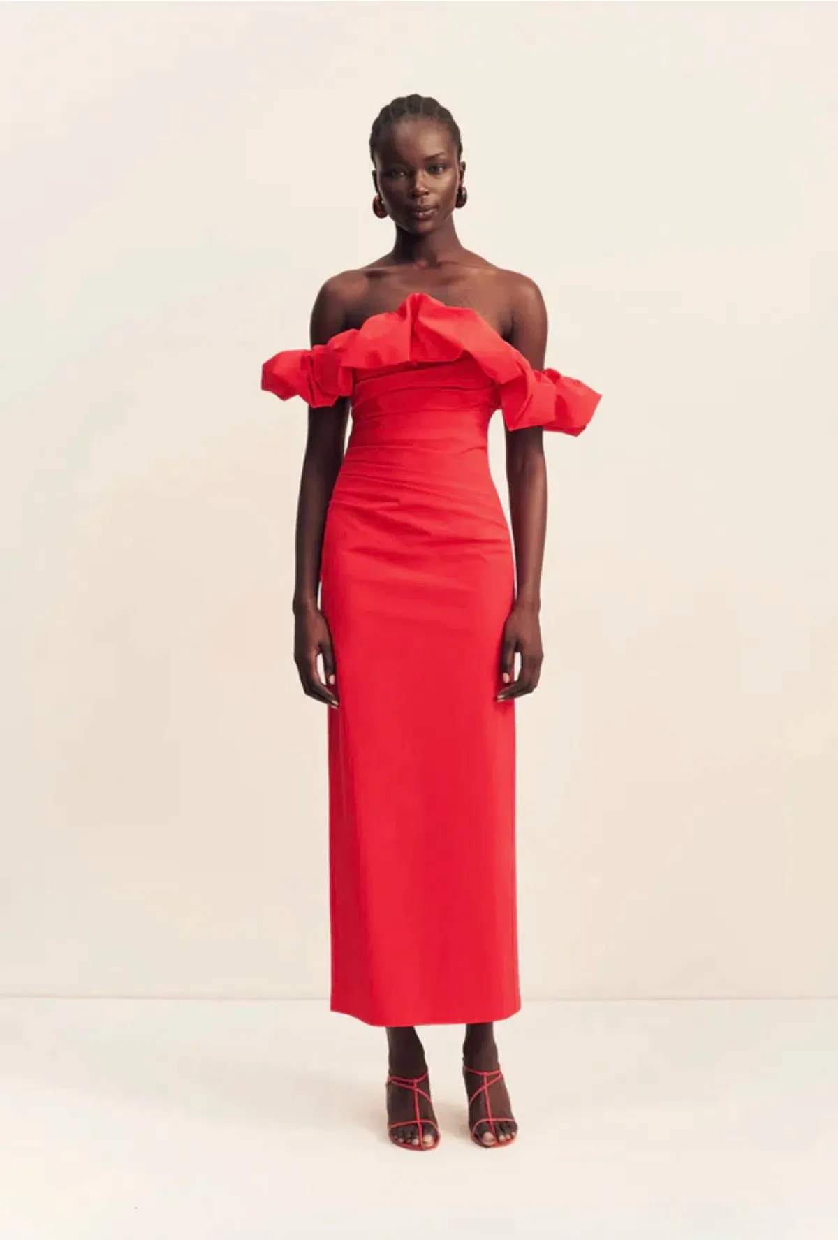 Shona Joy Campbell Ruffle Draped Maxi Dress Goji Red size 14 - Image 4