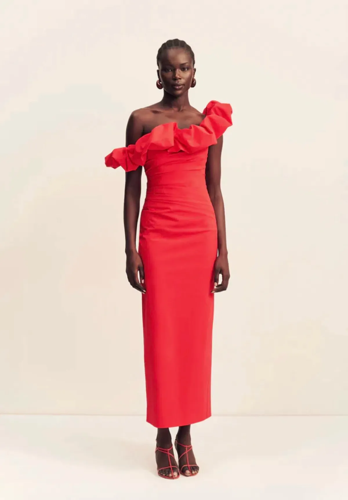 Shona Joy Campbell Ruffle Draped Maxi Dress Goji Red size 14 - Image 1