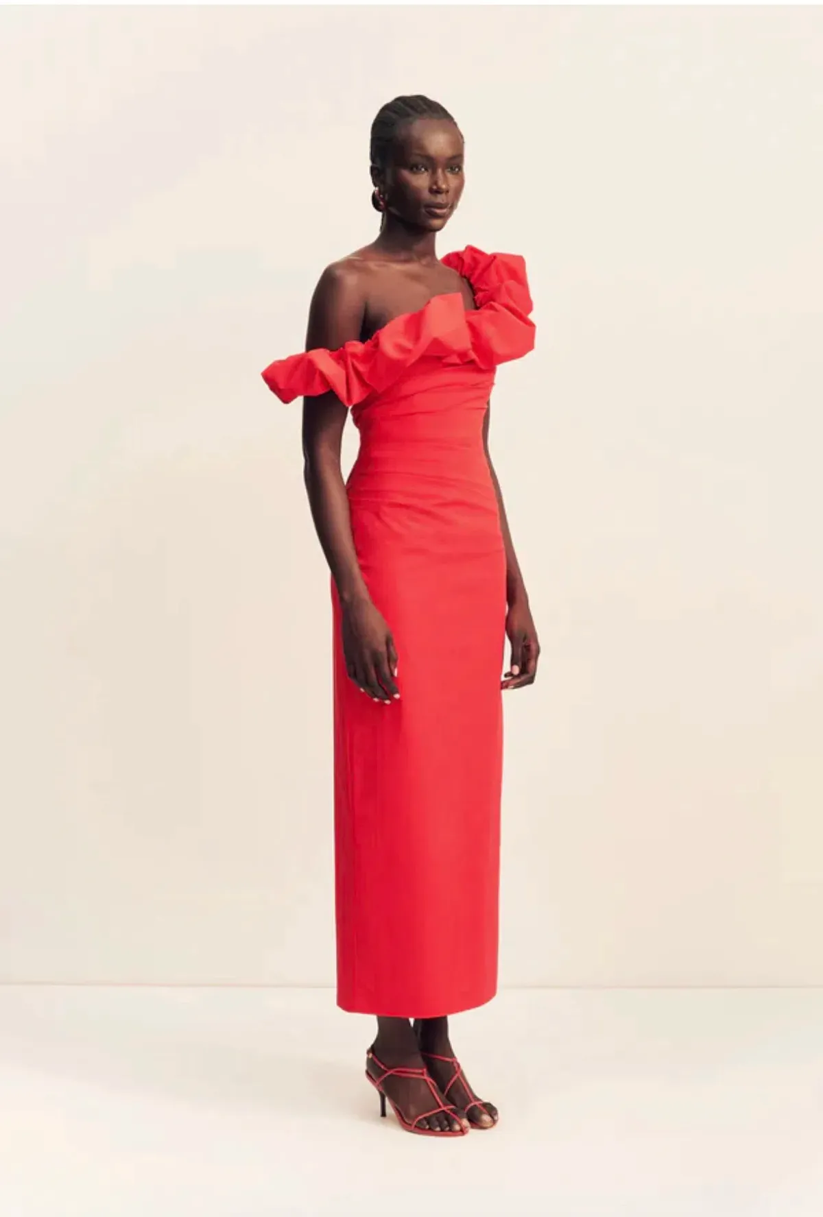 Shona Joy Campbell Ruffle Draped Maxi Dress Goji Red size 14 - Image 2