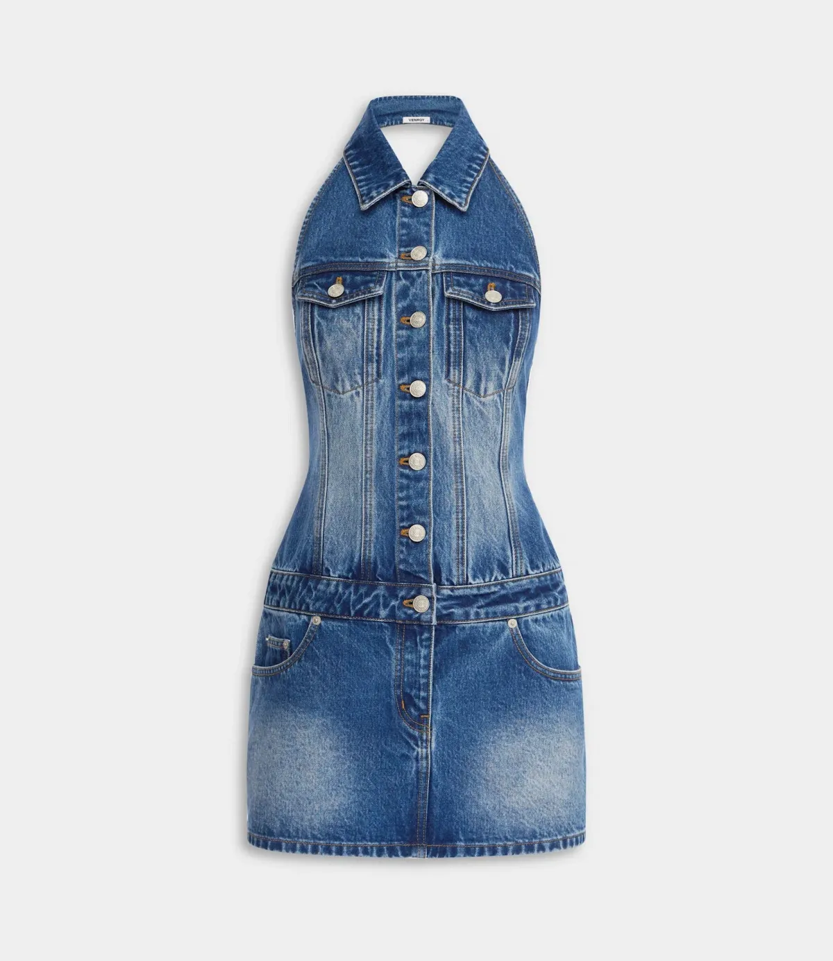 Venroy Denim Halter Mini Dress in Mid Indigo Size S / AU 8 - Image 4