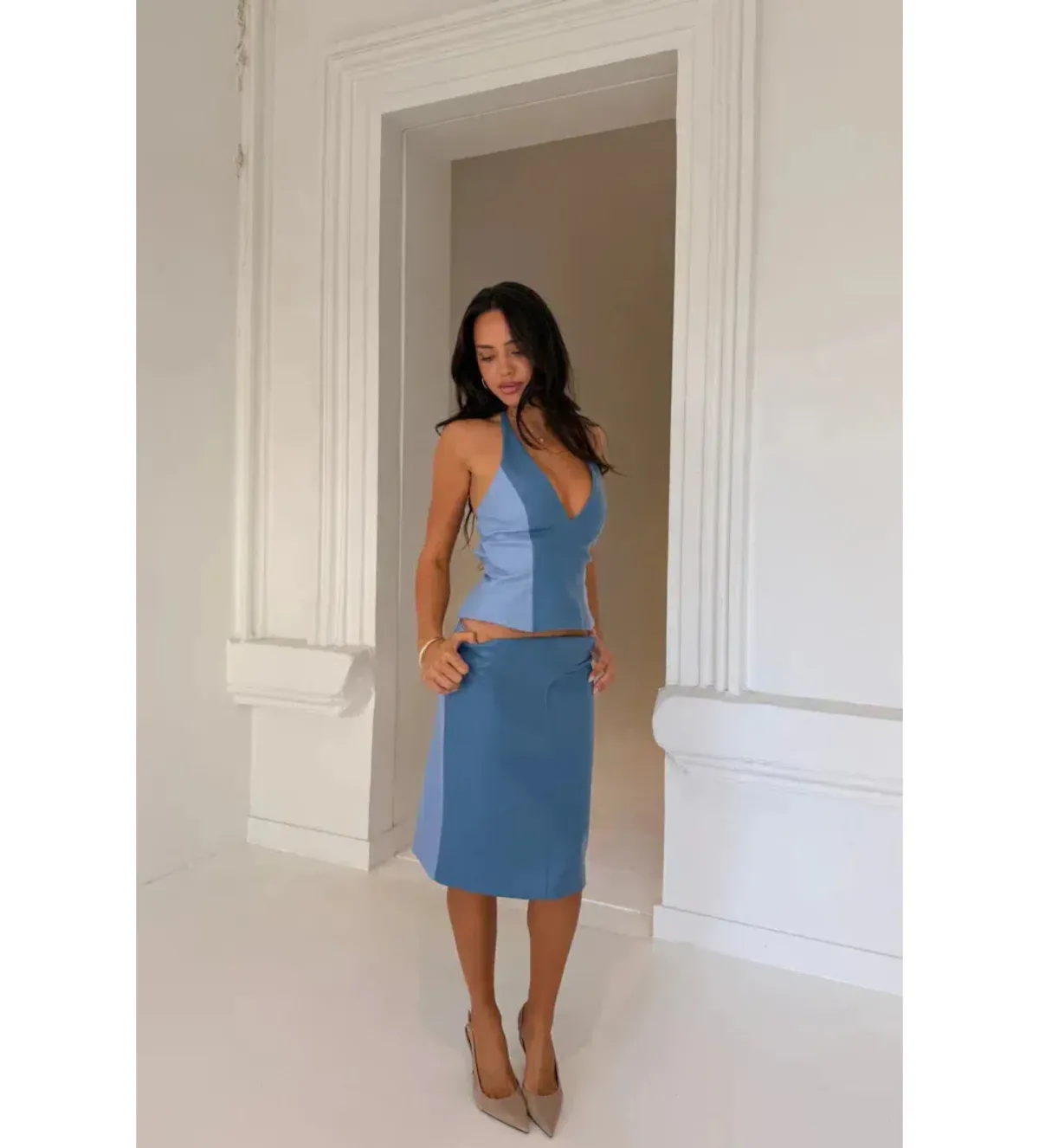 Setaye Azure Halter Top and Midi Skirt Set Blue Size 6 - Image 2