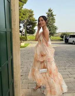 Zimmermann Natura Tiered Floral Silk Halter Neck Midi Dress Cream Peach Size 8 / 0 — Wedding Guest, Races, Cocktail for rent on The Volte - image 1