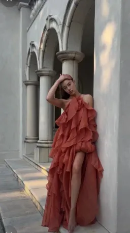 🧡AJE Pandorea Layered Maxi Dress – Size 14 - Clay Coral Orange/Brown Formal Tiered Gown 🧡 for rent on The Volte - image 2