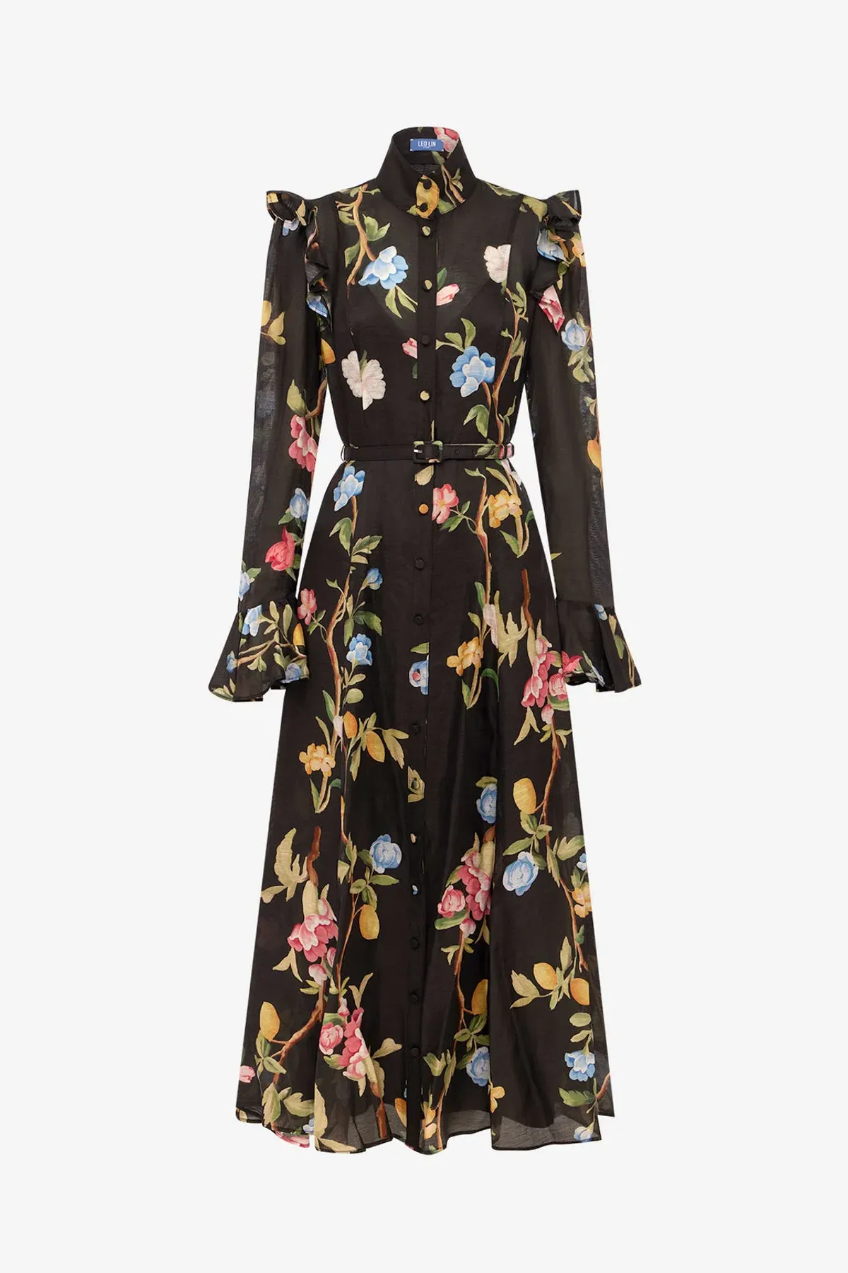 Leo Lin Katrina Butterfly Sleeve Midi Dress in Lemon Vine Print in Ebony Size 12 - Image 6