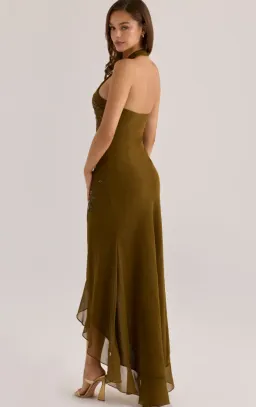 House of CB Raquel bronze georgette hand embellished beaded halter maxi dress Size S for rent on The Volte - image 2