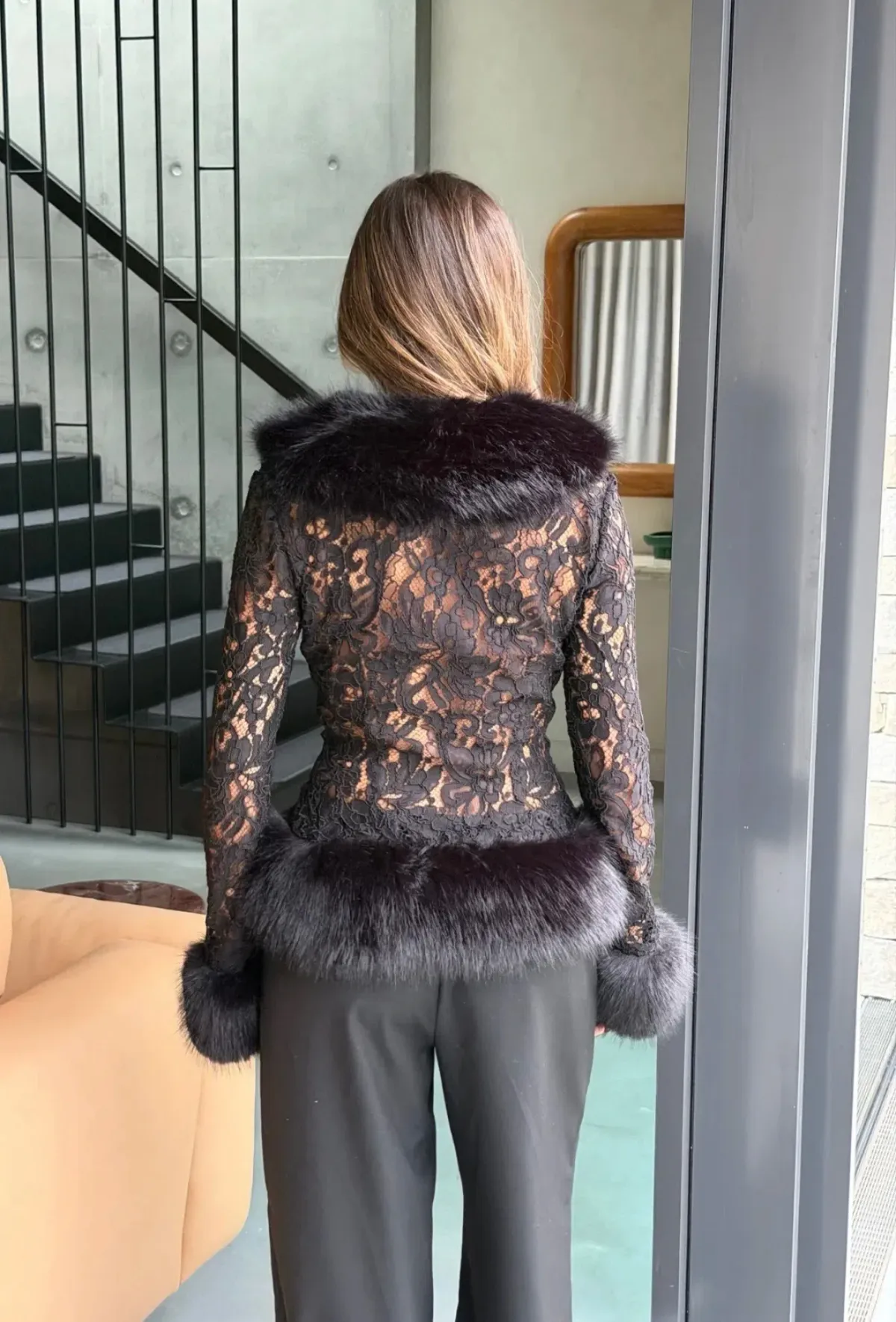 Sneaky Link - Ella Squire Lace Fur Trim Top Black - Image 4