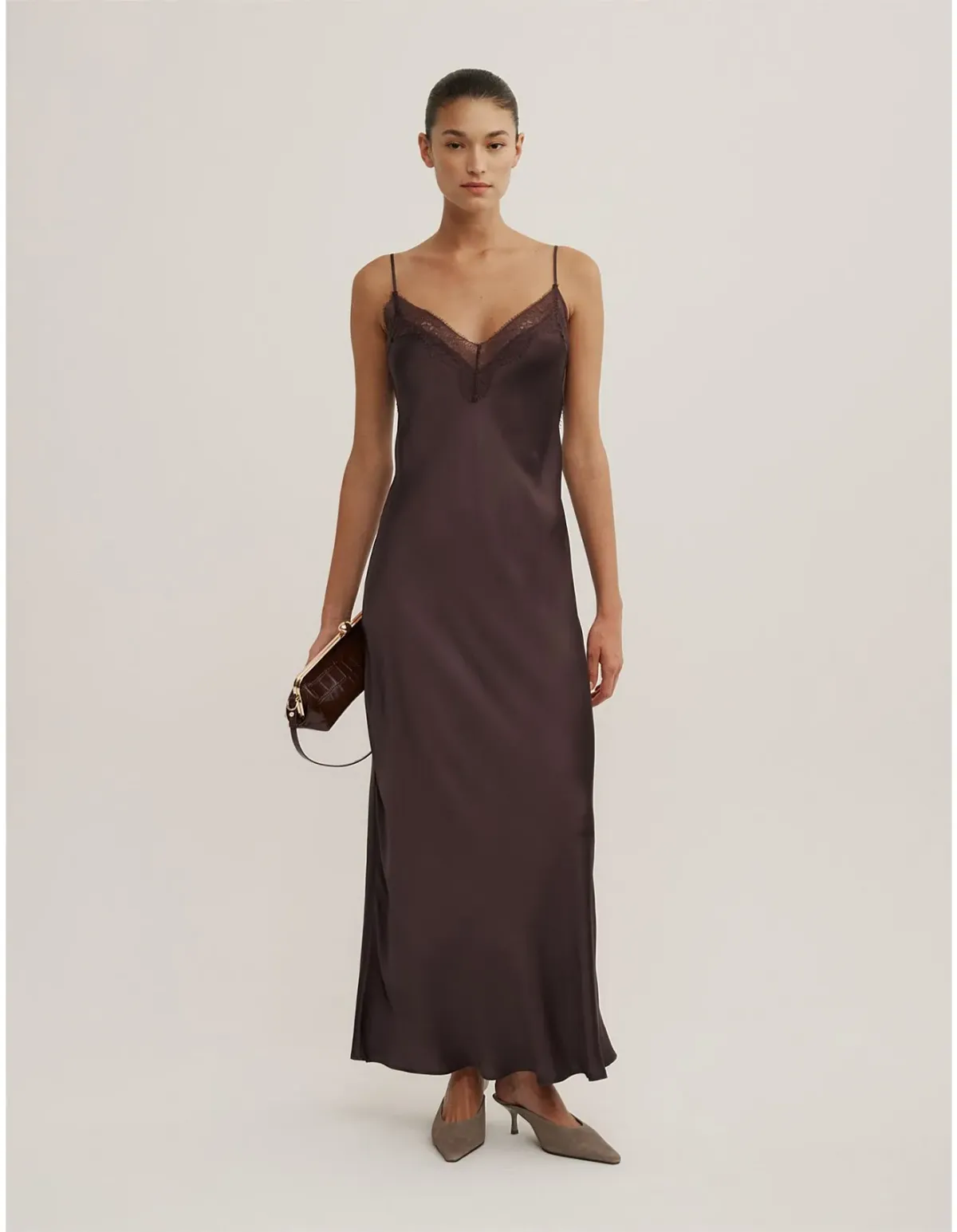 Witchery Lace Neck Slip Dress Size 12 AU Espresso - Image 1