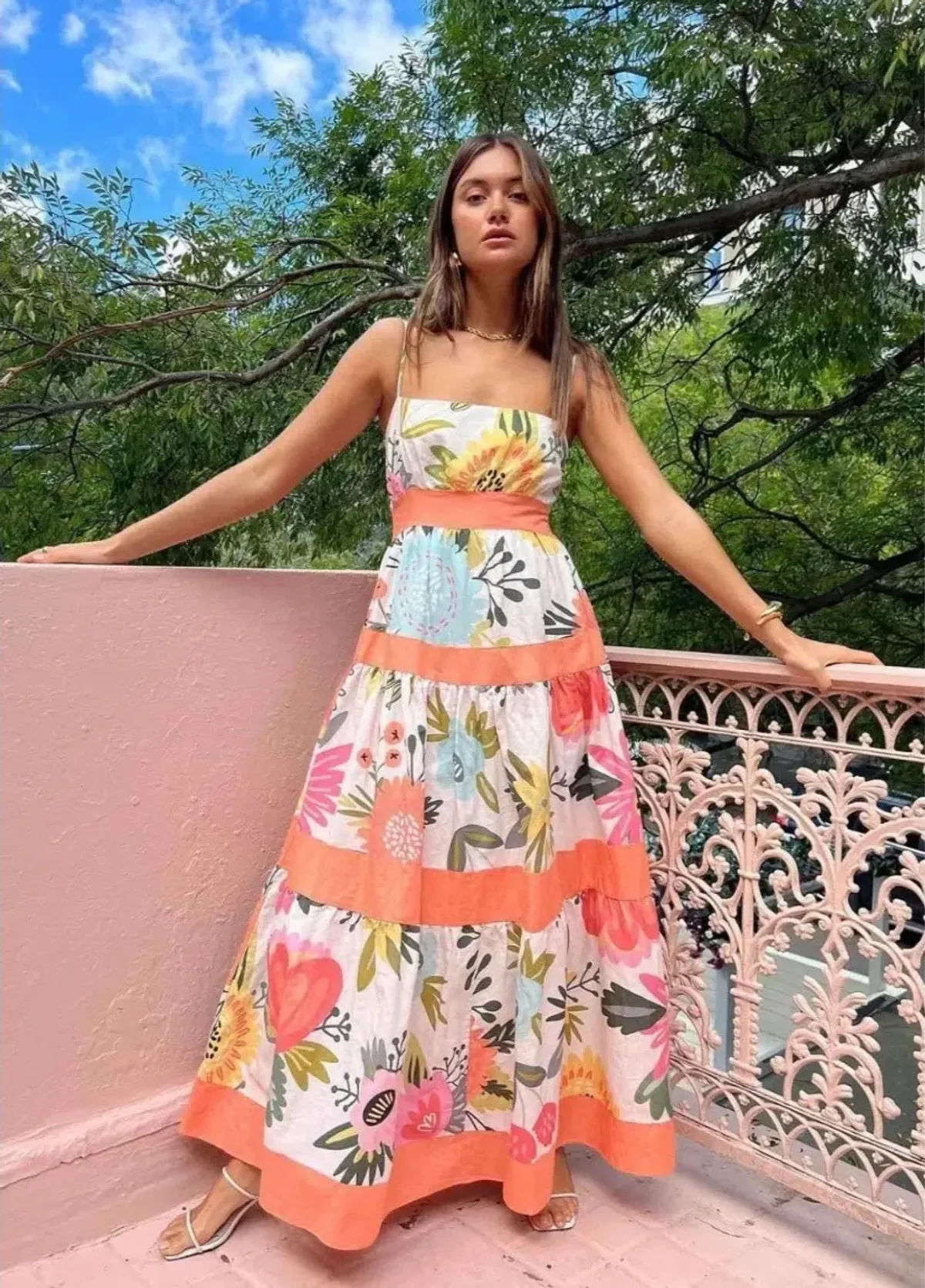 By Nicola Monet Tiered Maxi Dress In Potpourri/Melon Size 14 - Image 5