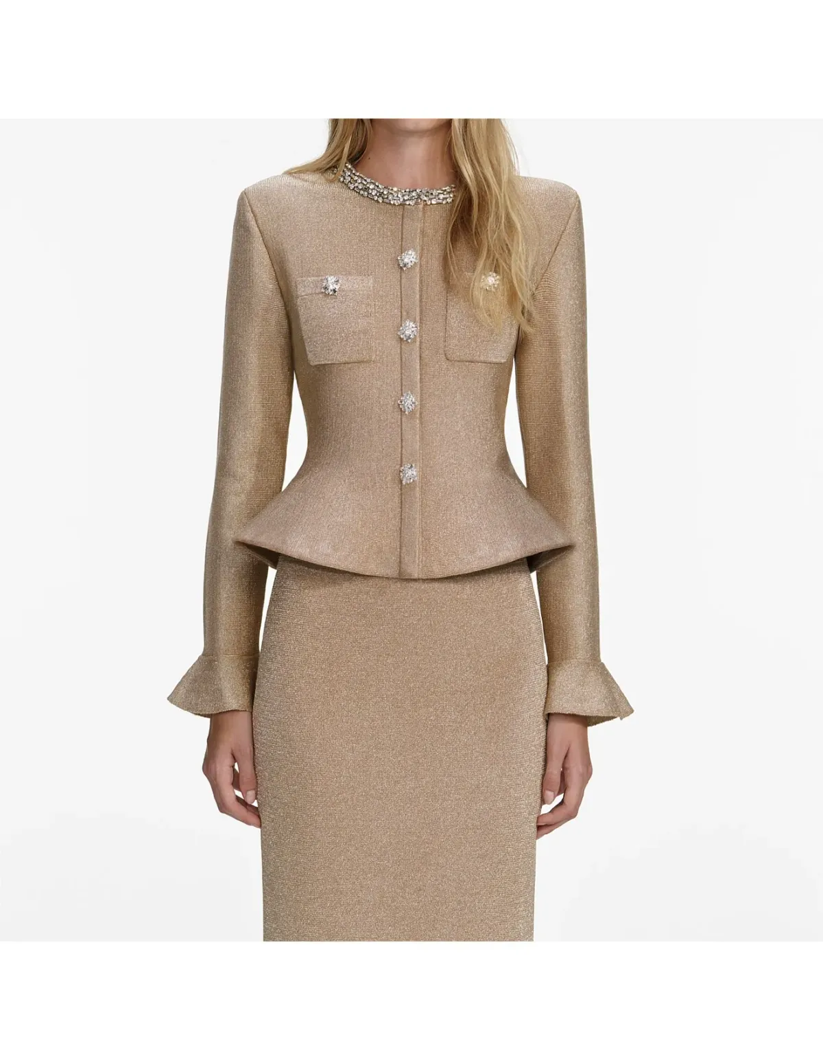 Self-Portrait Gold Crystal Trim Knit Midi Dress XS - Image 1