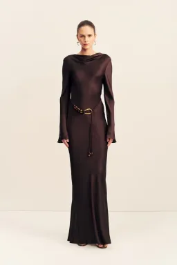 Shona Joy Agnes Long Sleeve Maxi Dress With Belt in Espresso - size 8 for rent on The Volte - image 1