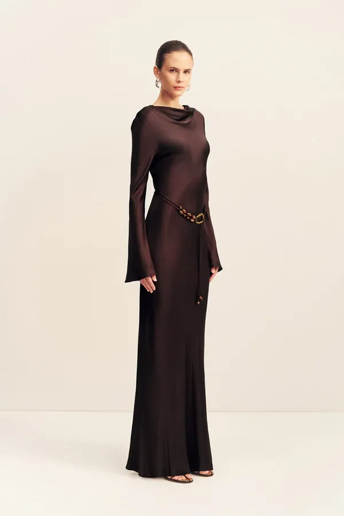 Shona Joy Agnes Long Sleeve Maxi Dress With Belt in Espresso - size 8 - Image 3
