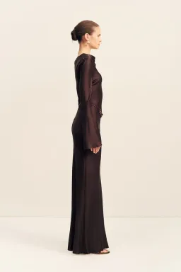 Shona Joy Agnes Long Sleeve Maxi Dress With Belt in Espresso - size 8 for rent on The Volte - image 4