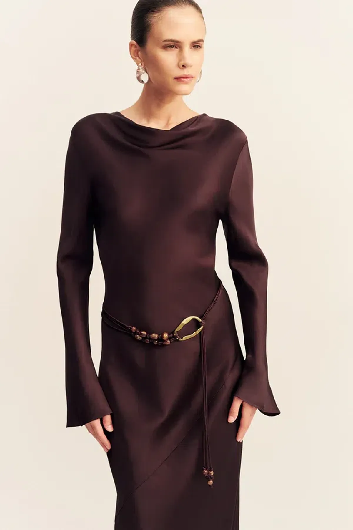 Shona Joy Agnes Long Sleeve Maxi Dress With Belt in Espresso - size 8 - Image 2