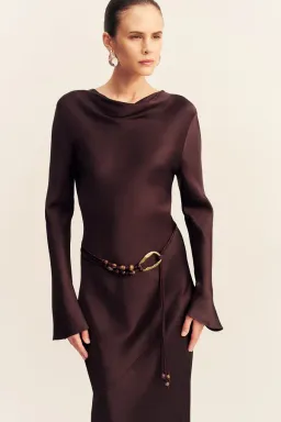 Shona Joy Agnes Long Sleeve Maxi Dress With Belt in Espresso - size 8 for rent on The Volte - image 2