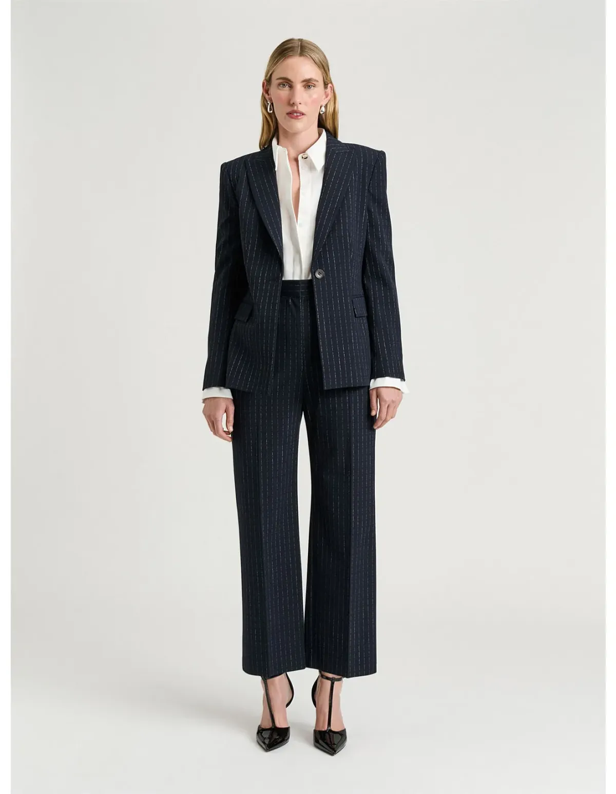 Veronika Maine Navy Pinstripe Fitted Blazer Size 12 AU - Image 2
