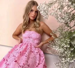 Leo Lin Emilia Lace Bustier Midi Dress Candy Pink Size 12 for rent on The Volte - image 4