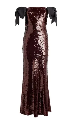 Self-Portrait Brown Sequin Bow Maxi Dress Size 6  for rent on The Volte - image 3