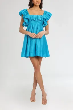 Leo Lin Azure Silk Linen Tie Back Dress with Flounce Neckline AU 12 for rent on The Volte - image 1