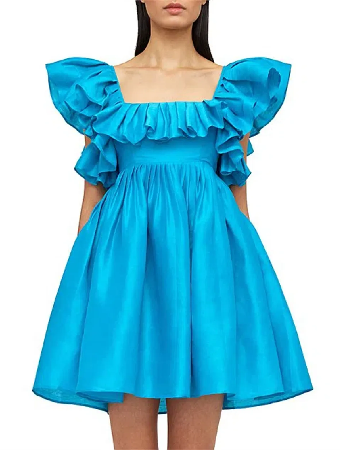 Leo Lin Azure Silk Linen Tie Back Dress with Flounce Neckline AU 12 - Image 4