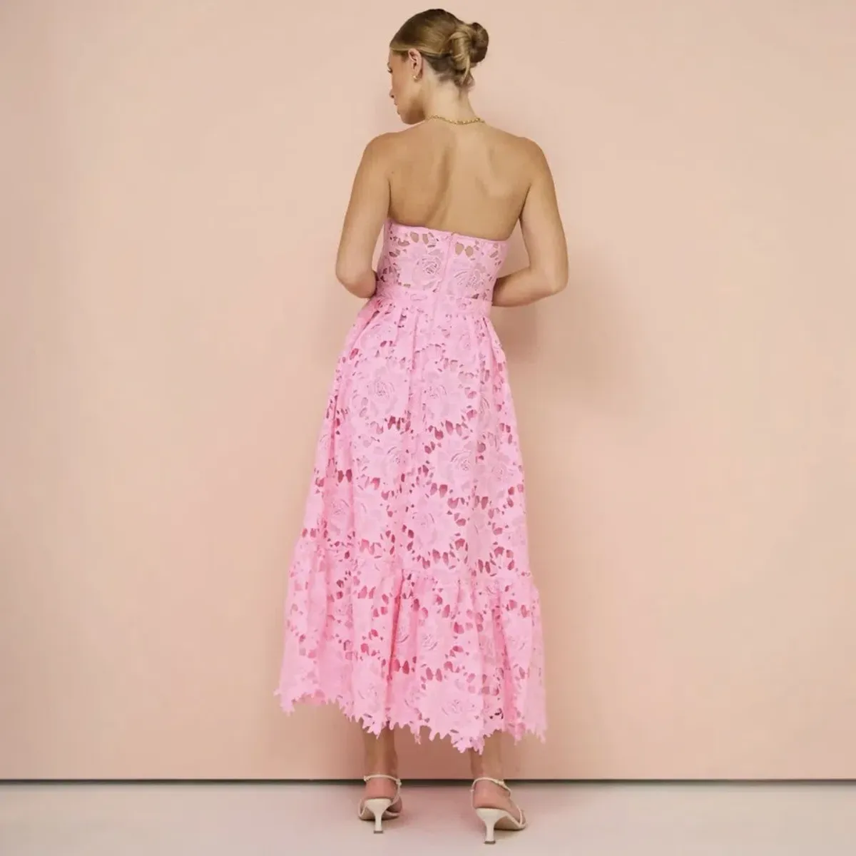 Leo Lin Emilia Lace Bustier Midi Dress Candy Pink AU 14 - Image 2