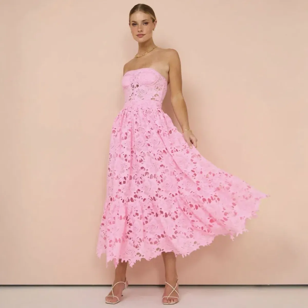 Leo Lin Emilia Lace Bustier Midi Dress Candy Pink AU 14 - Image 4