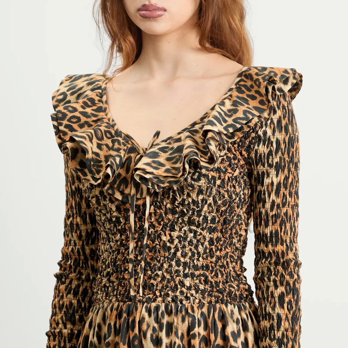 DAMSON MADDER HARPER SHIRRED MIDI DRESS In Leopard - Image 7