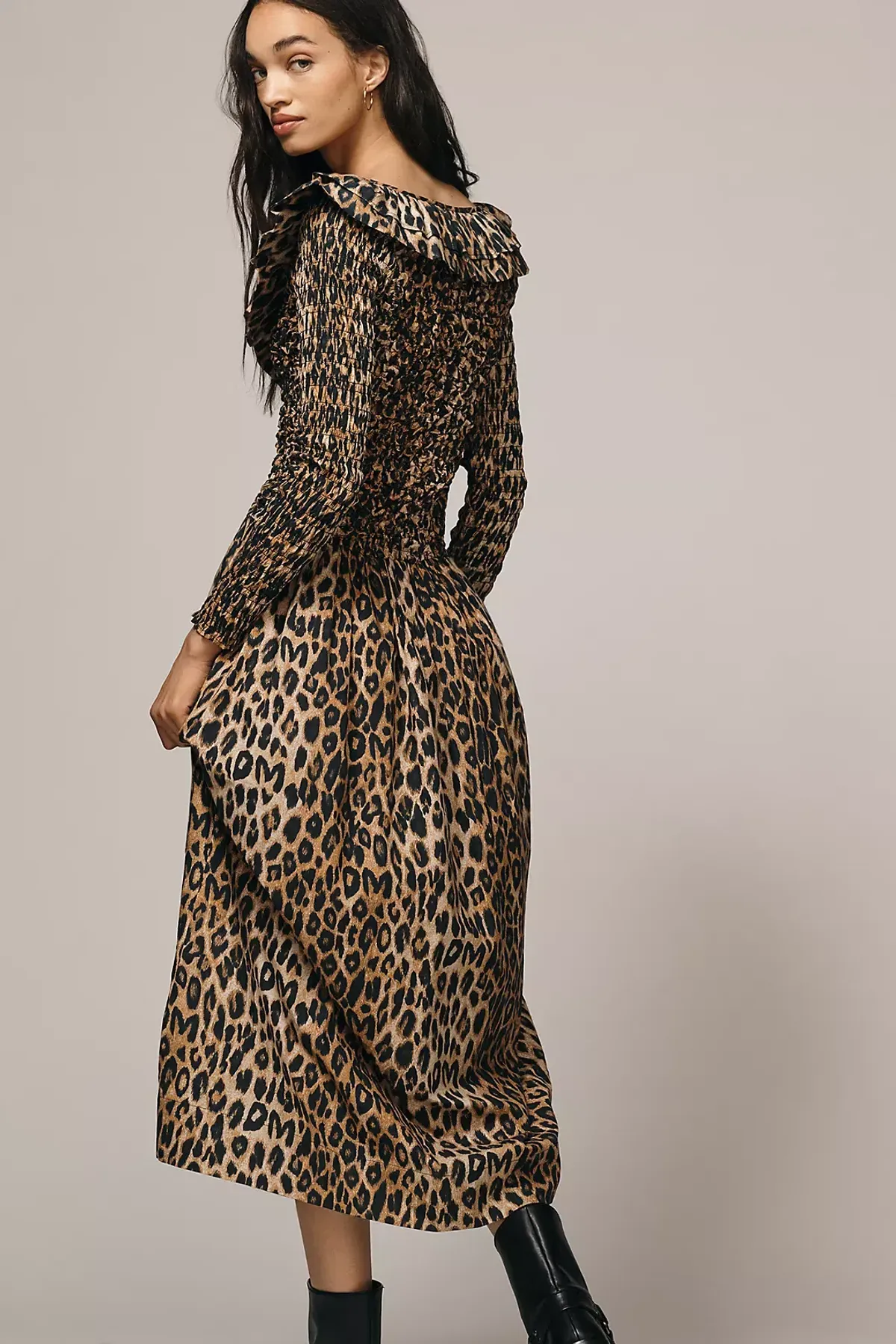 DAMSON MADDER HARPER SHIRRED MIDI DRESS In Leopard - Image 3