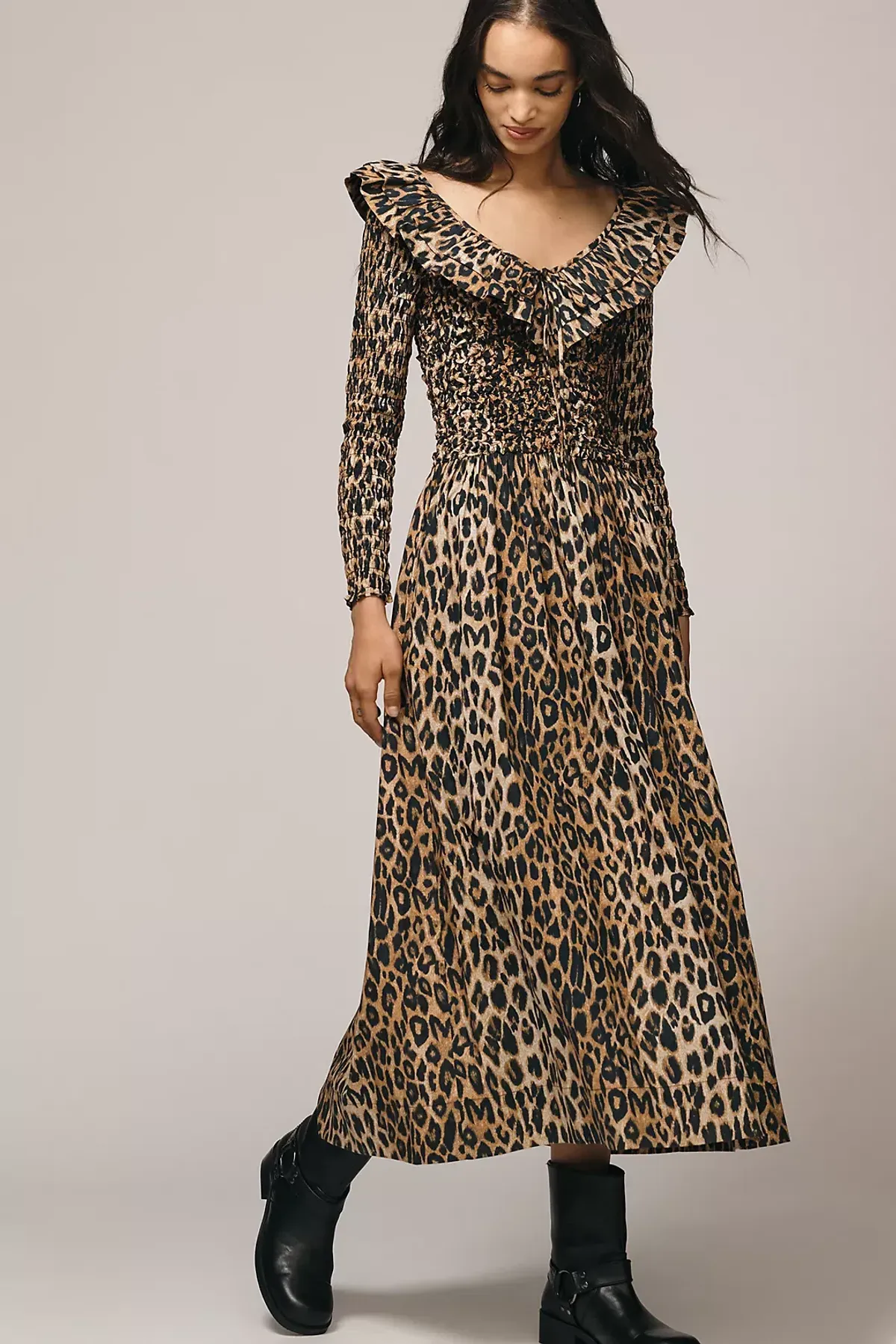 DAMSON MADDER HARPER SHIRRED MIDI DRESS In Leopard - Image 1