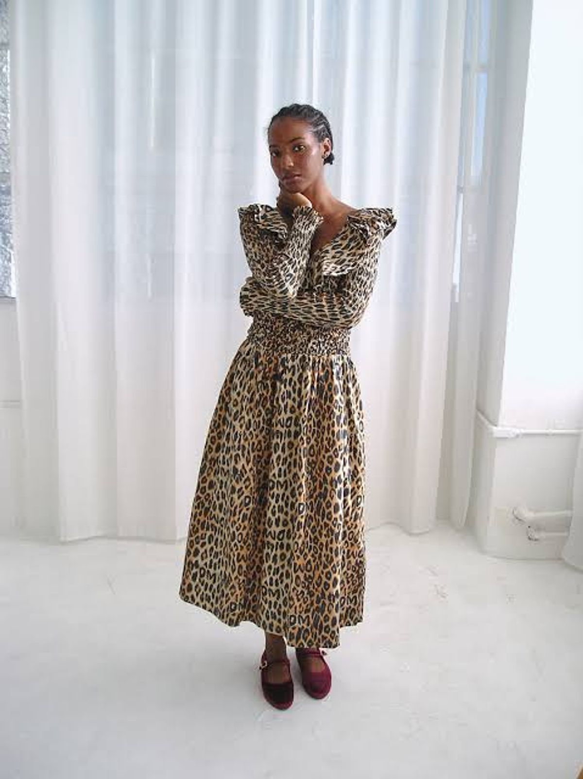 DAMSON MADDER HARPER SHIRRED MIDI DRESS In Leopard - Image 11