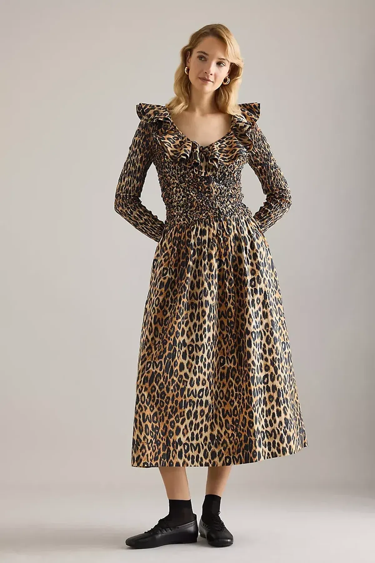 DAMSON MADDER HARPER SHIRRED MIDI DRESS In Leopard - Image 10