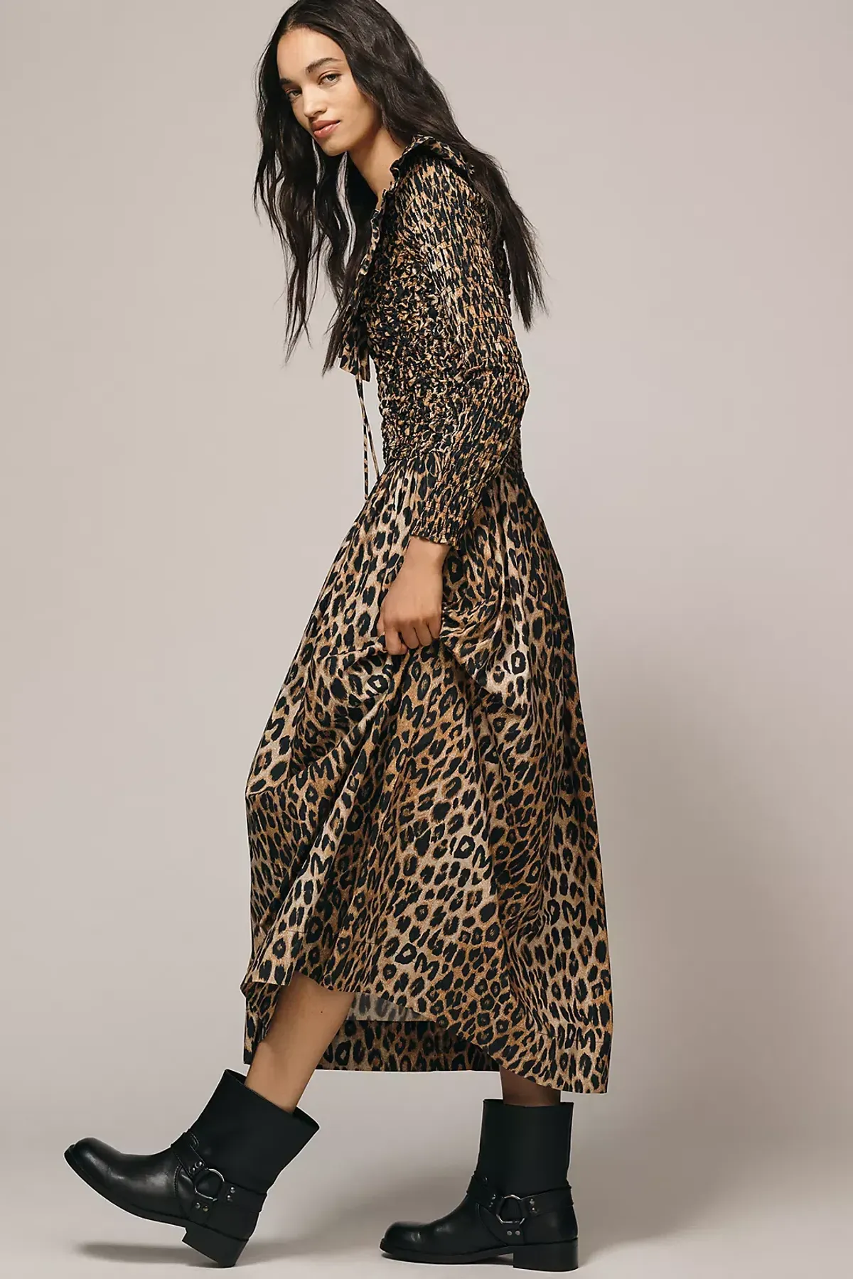 DAMSON MADDER HARPER SHIRRED MIDI DRESS In Leopard - Image 4