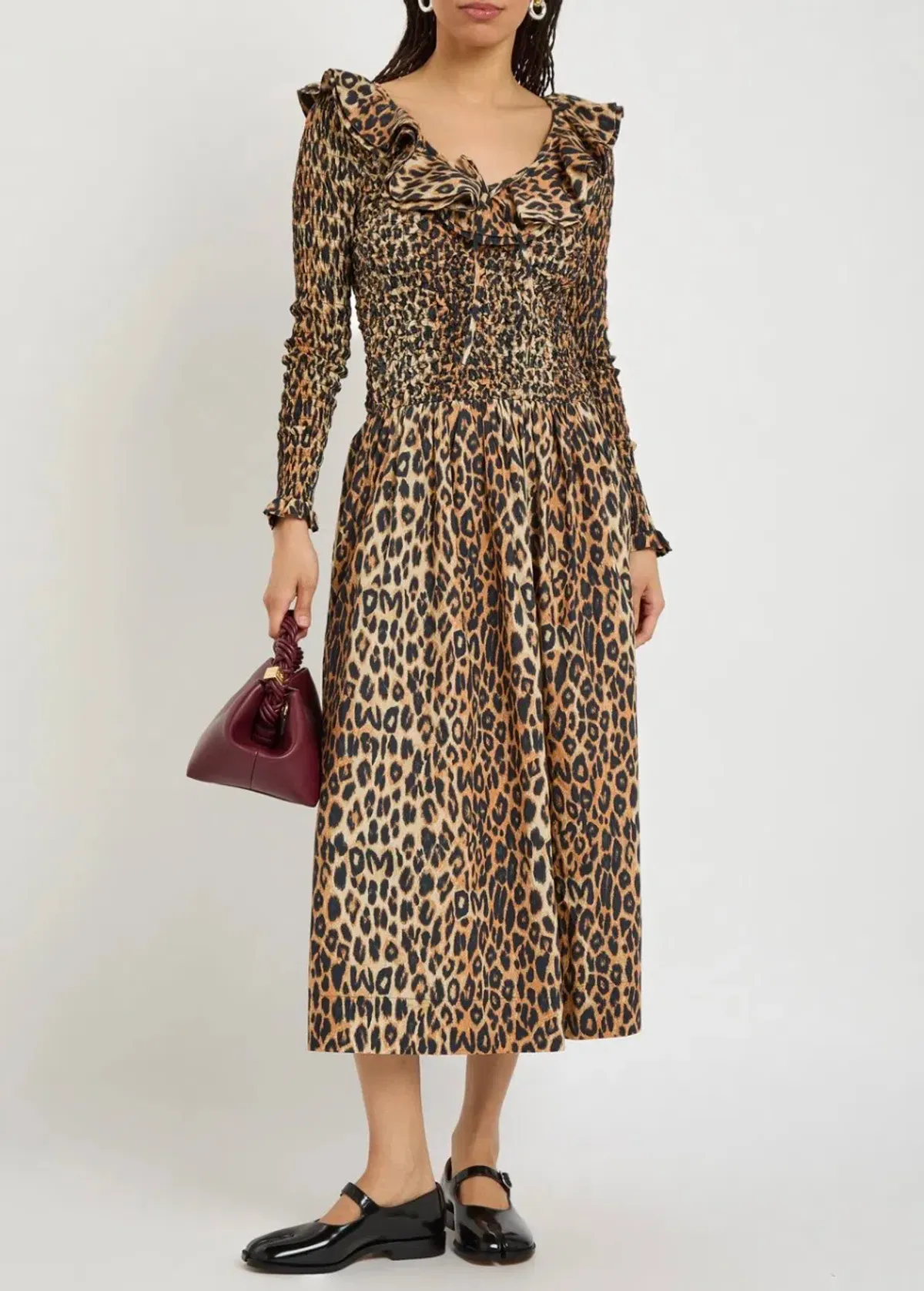 DAMSON MADDER HARPER SHIRRED MIDI DRESS In Leopard - Image 9