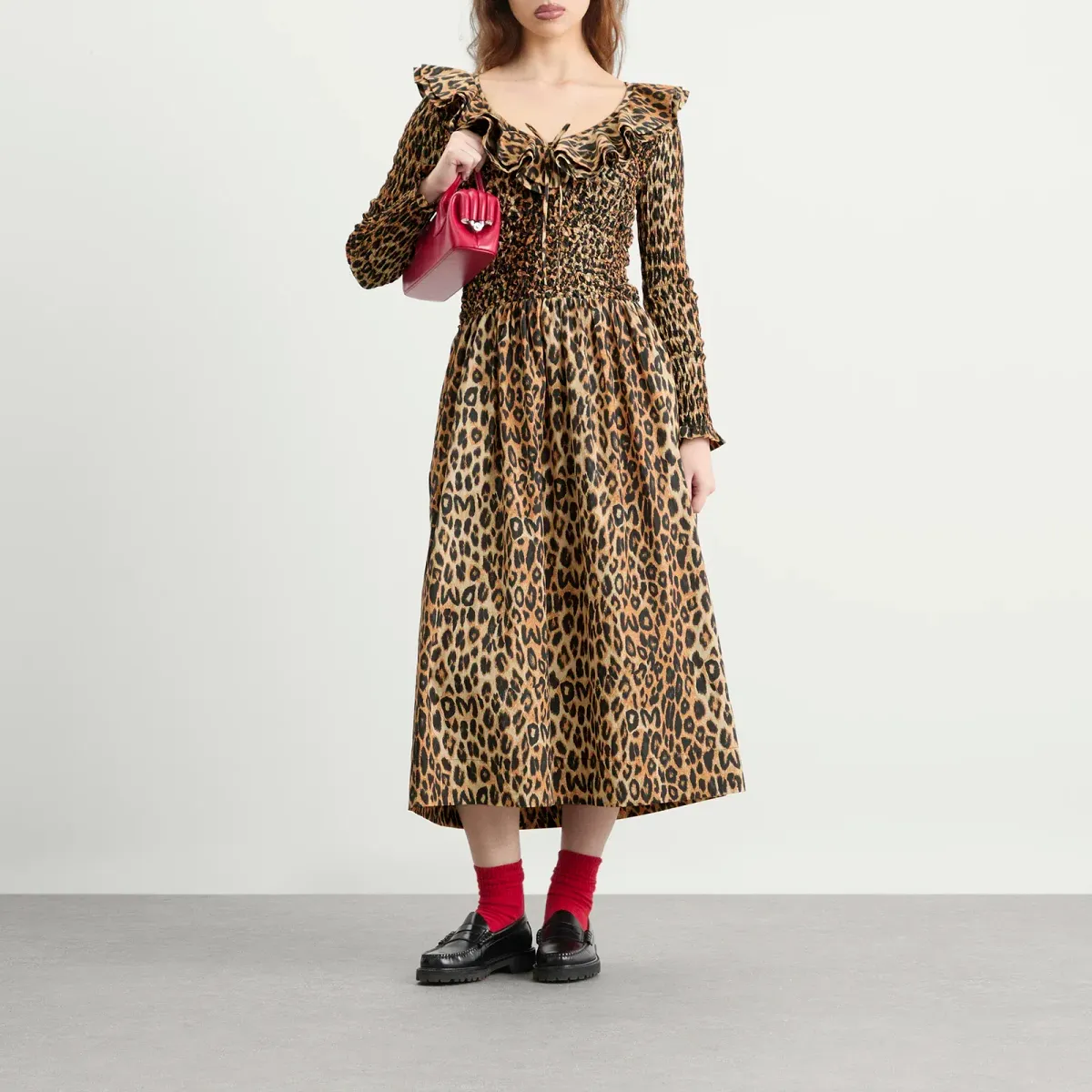 DAMSON MADDER HARPER SHIRRED MIDI DRESS In Leopard - Image 8