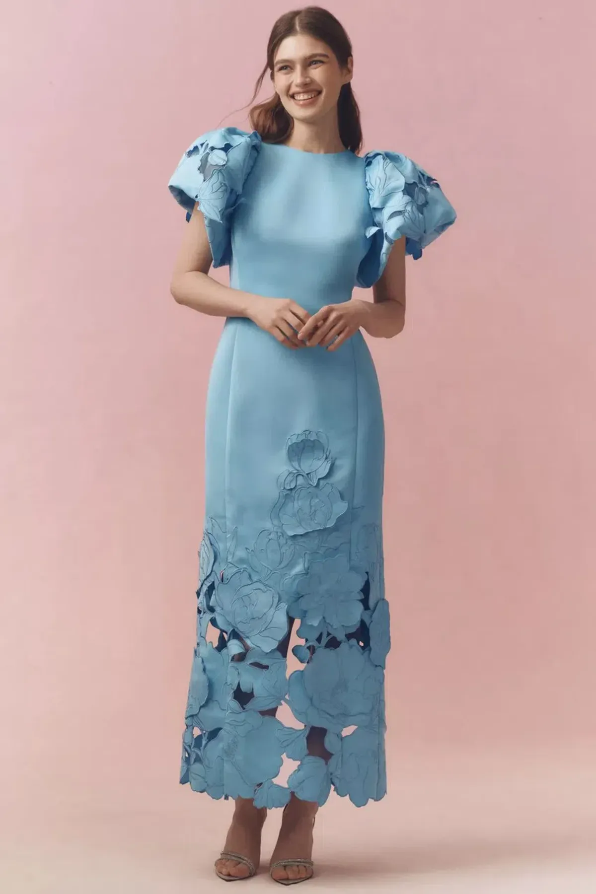 Leo Lin Lucinda Puff-Sleeve Appliqué Maxi Dress Blue Size 14 - Image 4