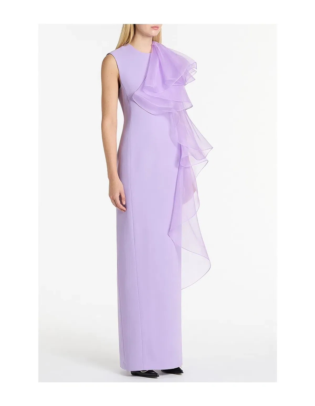 Carla Zampatti Lilac Purple Crepe Ruffle Shoulder Gown Size 12 - Image 3