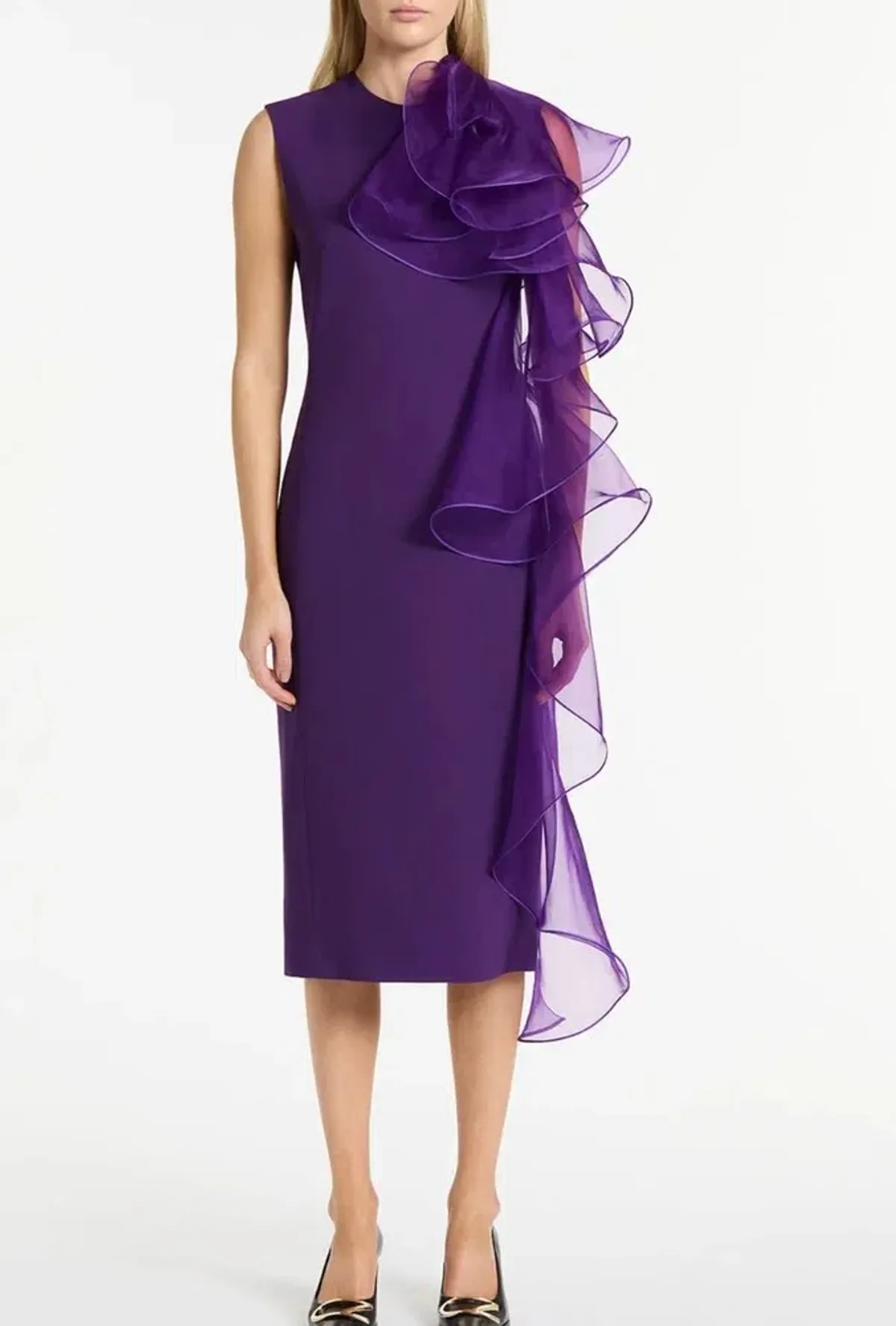 Carla Zampatti Purple Crepe Ruffle Shoulder Dress Size 14 - Image 1