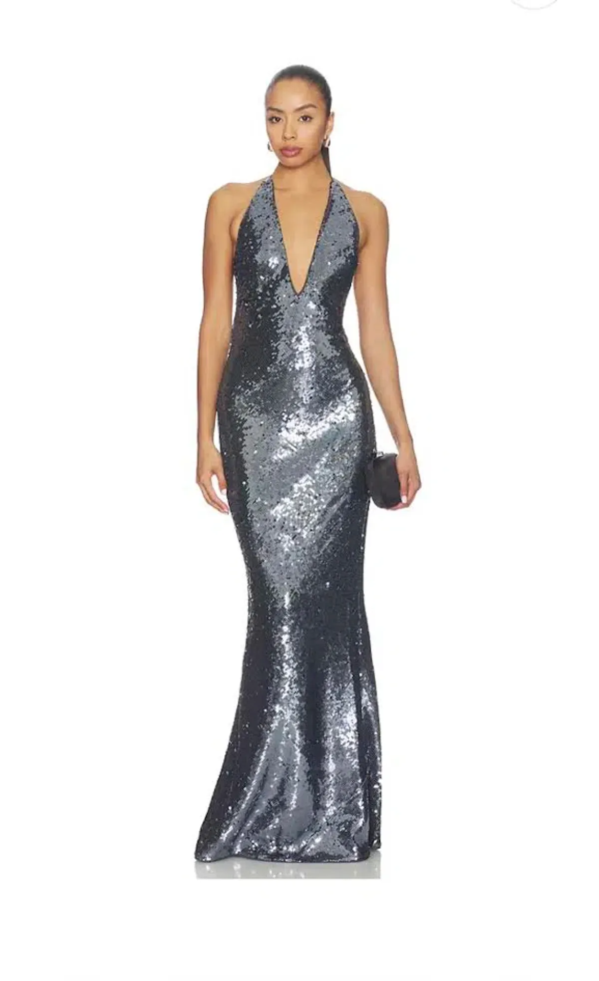 🩶 Misha "THE PLUNGE" Silver Sequin Jersey Maxi Dress - Size S / 8 AU - Gunmetal Grey Gown 🩶 - Image 6