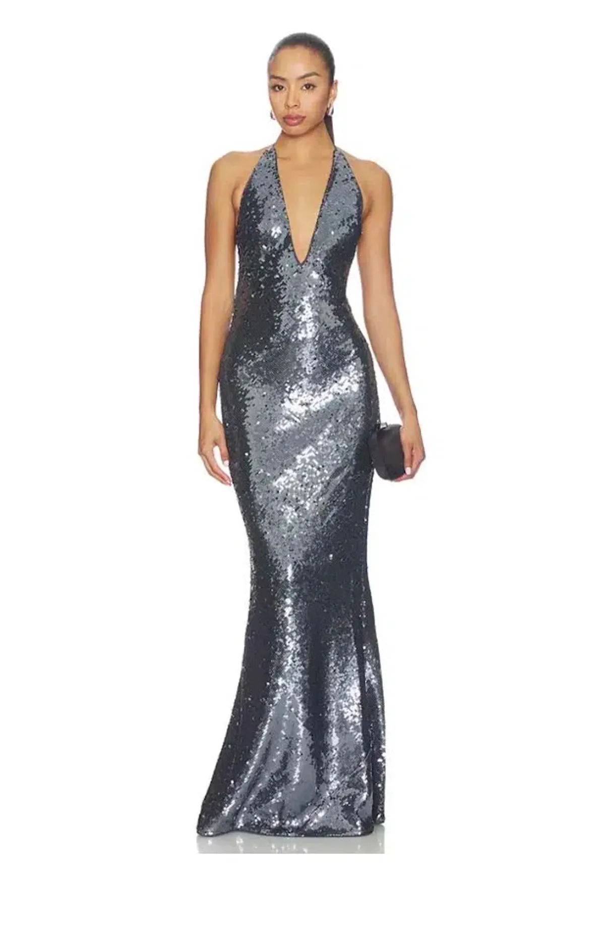 🩶 Misha "THE PLUNGE" Silver Sequin Jersey Maxi Dress - Size S / 8 AU - Gunmetal Grey Gown 🩶 - Image 5