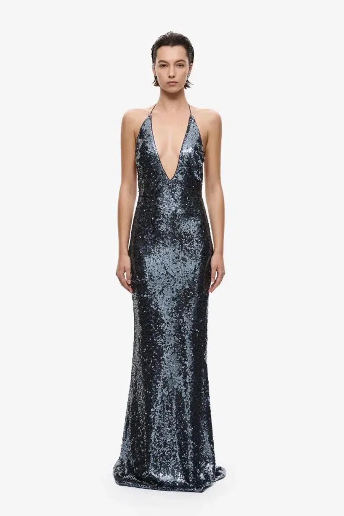 🩶 Misha "THE PLUNGE" Silver Sequin Jersey Maxi Dress - Size S / 8 AU - Gunmetal Grey Gown 🩶 - Image 1