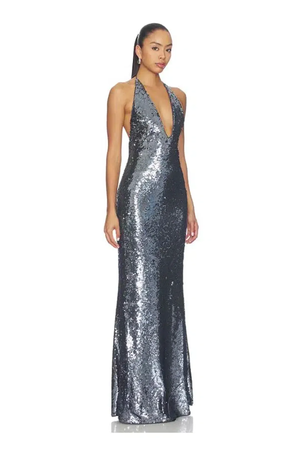 🩶 Misha "THE PLUNGE" Silver Sequin Jersey Maxi Dress - Size S / 8 AU - Gunmetal Grey Gown 🩶 - Image 8