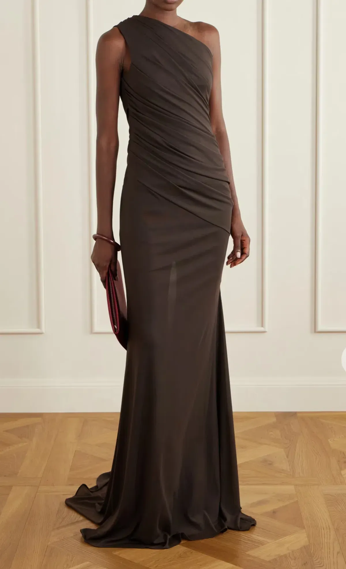 Alex Perry One-shoulder gathered jersey gown Brown AU 6 - Image 1
