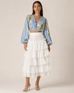 Aje Romantica Voile Crop Top – Blue Hibiscus – Size 12 for rent on The Volte - image 1