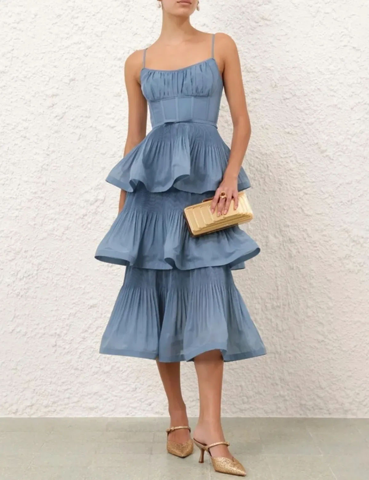 Zimmermann Pleated Tiered Midi Dress in Deep Blue Size 0/ AU 8 - Image 1