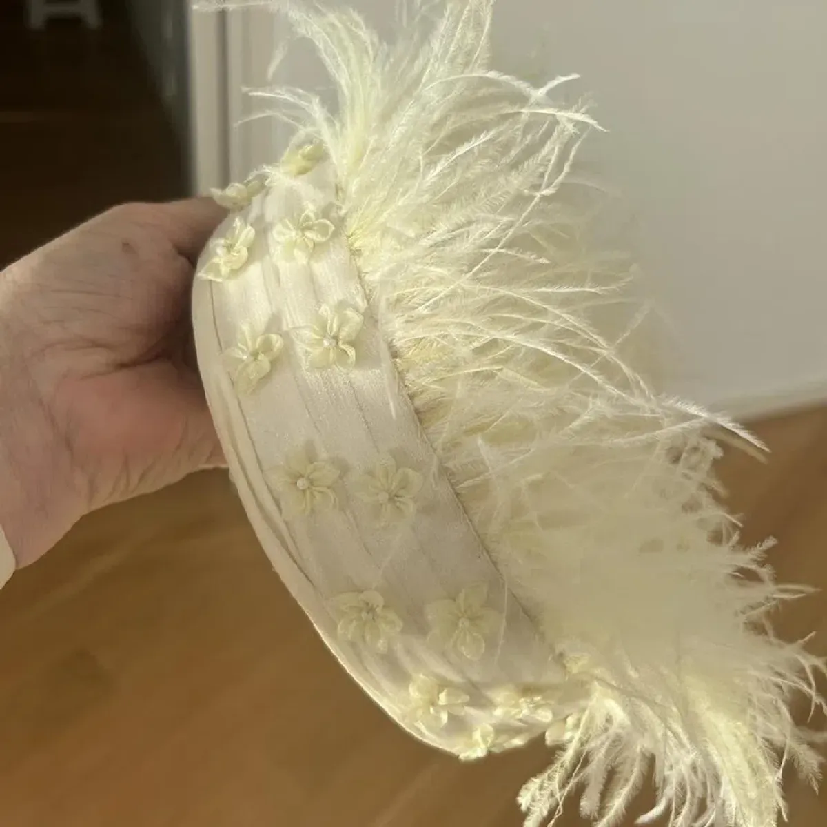 Millinery - Ivory/soft yellow Raw silk and ostrich feather pillbox - Image 4
