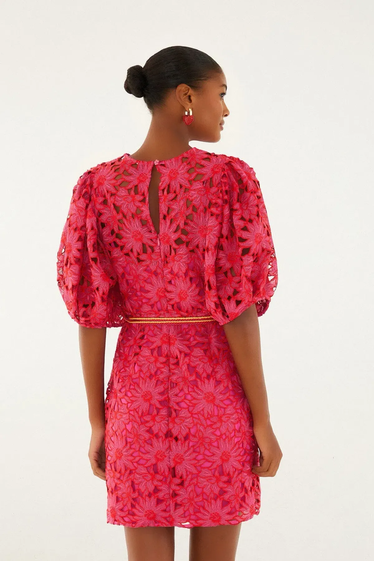 Farm Rio Pink Flowered Lace Puff Sleeve Lined Mini Dress S / AU 8 - Image 5
