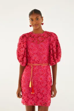 Farm Rio Pink Flowered Lace Puff Sleeve Lined Mini Dress S / AU 8 for rent on The Volte - image 1