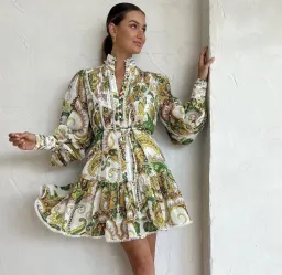 🌿 Alemais Octavia Ruffle Mini Dress size 10 AU / M - yellow / green paisley 🌿 for rent on The Volte - image 1