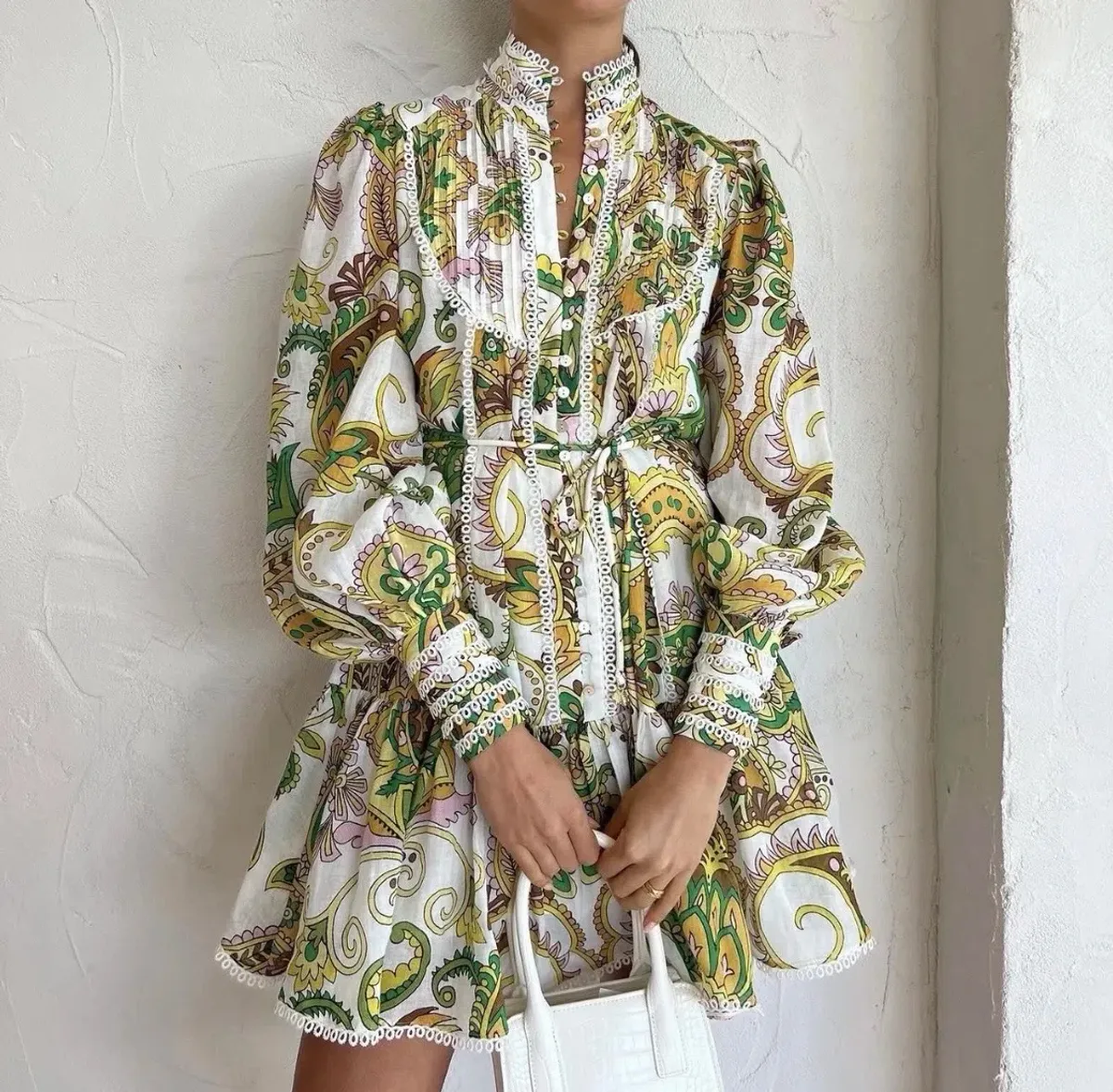 🌿 Alemais Octavia Ruffle Mini Dress size 10 AU / M - yellow / green paisley 🌿 - Image 2