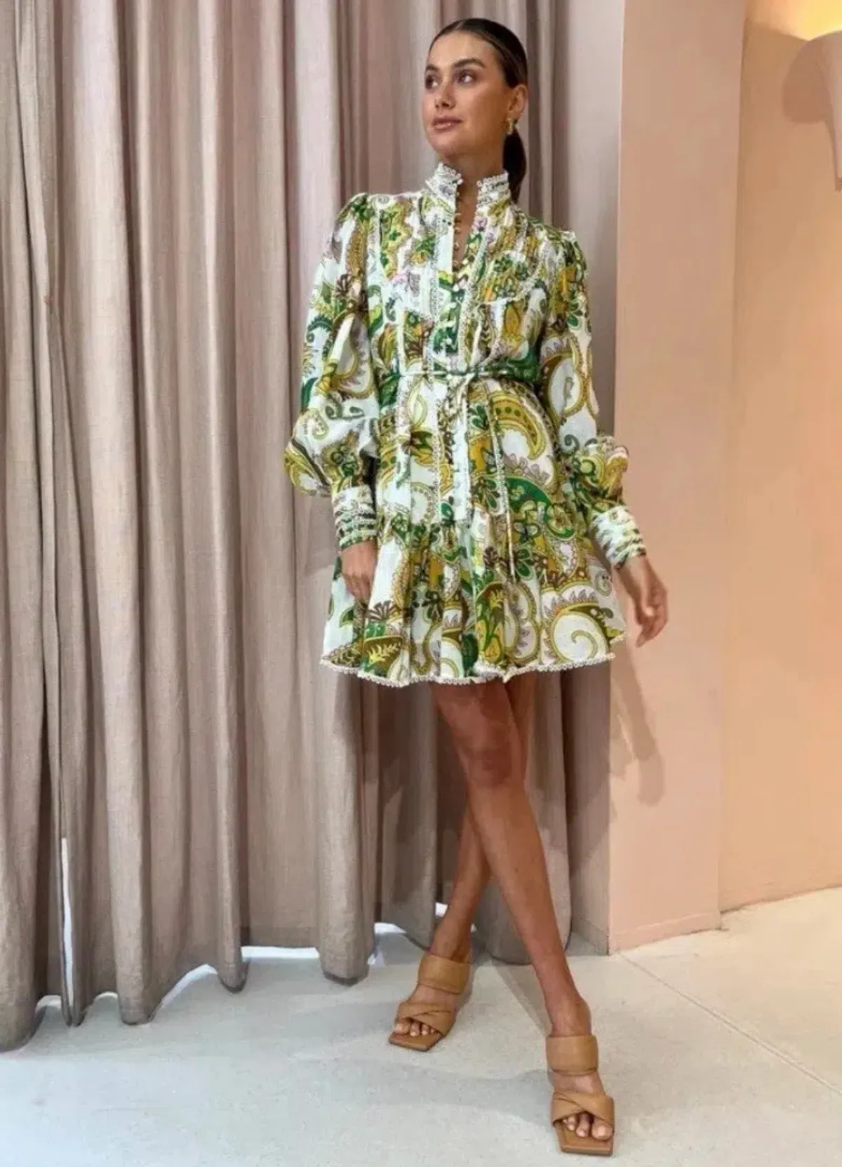 🌿 Alemais Octavia Ruffle Mini Dress size 10 AU / M - yellow / green paisley 🌿 - Image 3